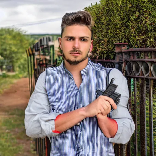 Image similar to Young man standing looking to the right in a red bandana, blue striped shirt, gray vest and a gun with a partly cloudy sky in the background. The young man is standing in front of an iron fence. Photograph. Real life