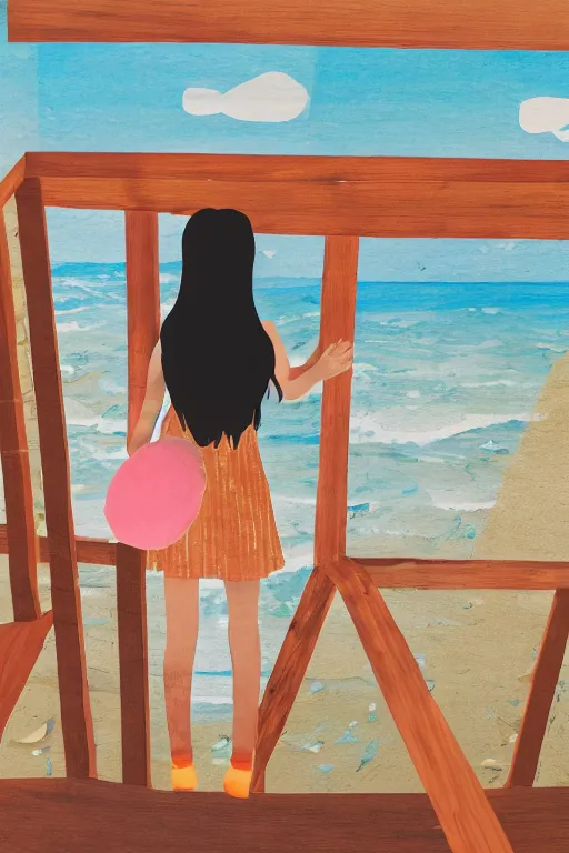 Prompt: scene of a girl looking out over an ocean with crashing waves made out of construction paper,