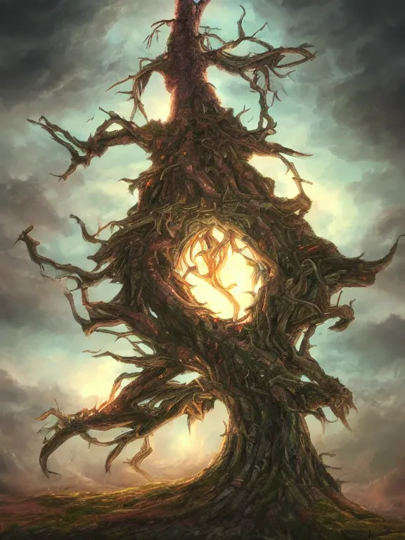 Image similar to tall yggdrasil, tall tree, fantasy art, warhammer fantasy setting, clouds detailed, digital art, wallpaper, fantastically beautiful, artstation, 8 k