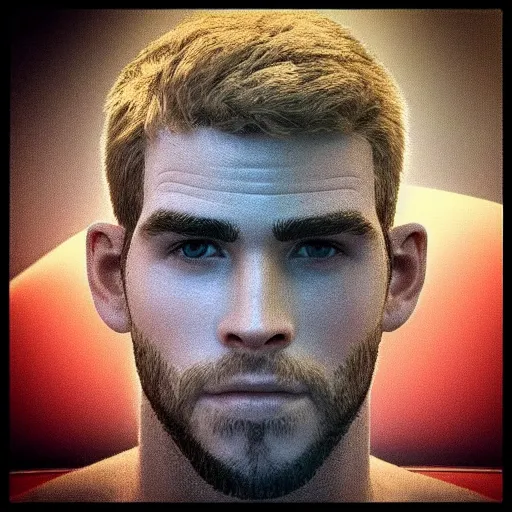 Image similar to “a realistic detailed photo of a guy who is an attractive humanoid who is half robot and half humanoid, who is a male android, Liam Hemsworth, shiny skin, posing like a statue, blank stare”