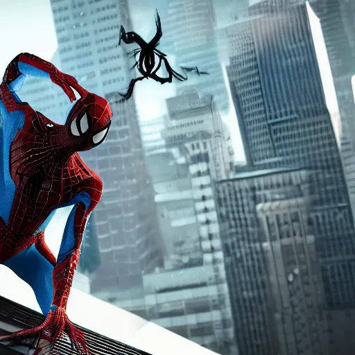 Image similar to a single venom and spider - man hybrid, dslr, cinematic, volumetric lighting, 8 k resolution, photorealistic