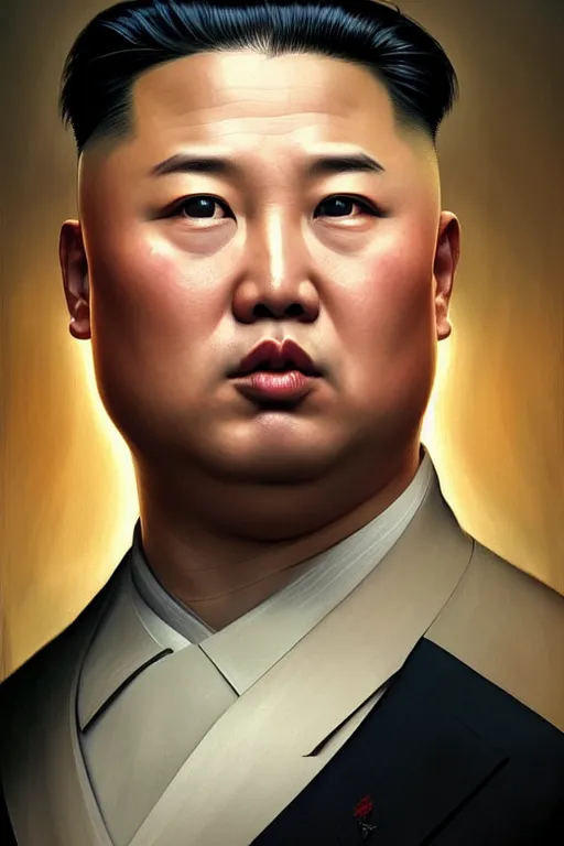 Prompt: putin with kim jong un hairstyle, realistic portrait, symmetrical, highly detailed, digital painting, artstation, concept art, smooth, sharp focus, illustration, cinematic lighting, art by artgerm and greg rutkowski and alphonse mucha