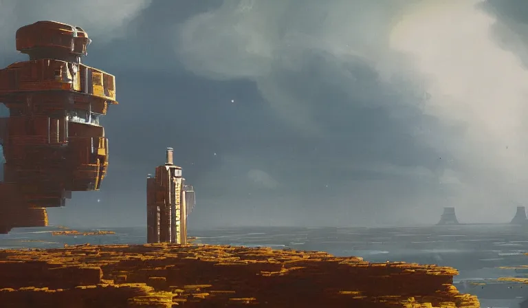 Prompt: A serene landscape with a singular building in the style of Chris Foss.