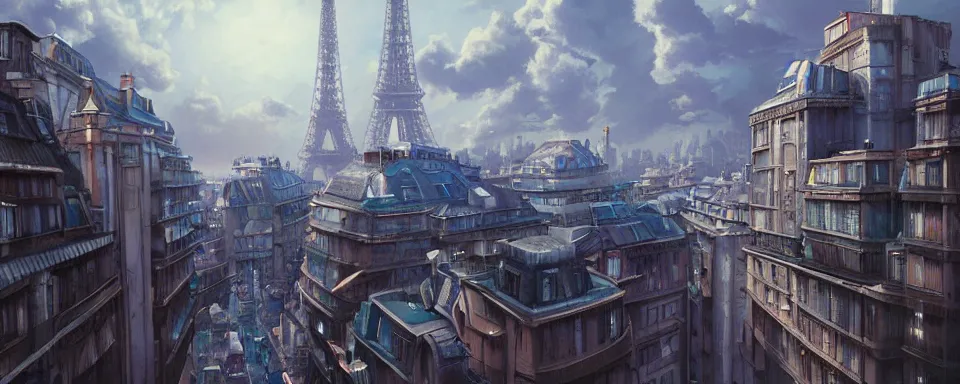 Prompt: a beautiful detailed futuristic paris, matte painting, cinematic landscape by studio ghibli,, artstation