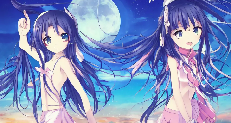 Image similar to one anime girl standing on a pier, blue shiny detailed eyes, looking at the camera, cute, the ocean as background at twilight, big moon above the water, colorful, magical, smooth, extremely detailed, detailed face, 8k, based on Puella Magi Madoka Magica