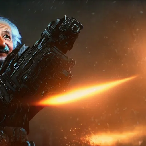 Prompt: 'Albert Einstein'! as (Batman) in Gears of War, splash art, movie still, detailed face, cinematic lighting, dramatic, octane render, long lens, shallow depth of field, bokeh, anamorphic lens flare, 8k, hyper detailed, 35mm film grain