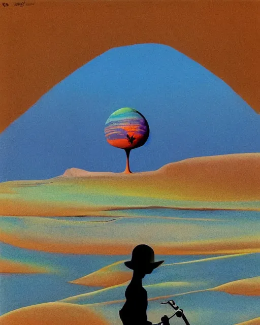 Image similar to roger dean 1 9 8 0 s art of a lone man walking in the dry desert of a strange bizarre alien planet surface lakes reflective clear blue water, rainbow in sky, imagery, illustration art, album art