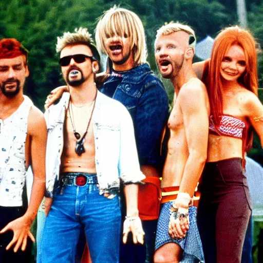 Prompt: backstreet boys and spice girls playing concert together, woodstock 1 9 6 0, old times, hippies, vintage, botanical details, vans, volkswagen