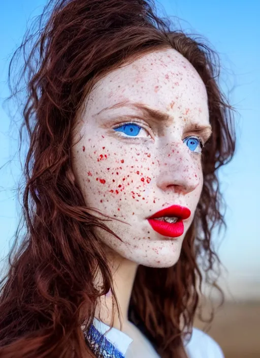 Image similar to close up photo of the left side of the face of a woman with blue eyes and wavy long red-brown hair, red detailed lips and freckles who looks directly at the camera. Slightly open mouth. Whole head visible and covers half of the frame, with a park visible in the background. 135mm nikon. Intricate. Very detailed 8k. Sharp. Cinematic post-processing. Unreal engine. Nanite. Ray tracing. Parallax. Tessellation