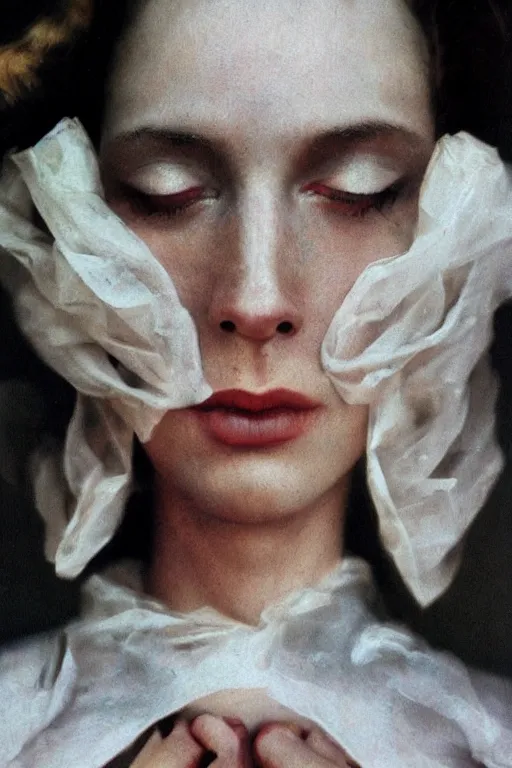 Image similar to hyperrealism close - up fashion portrait by roversi photo from the holy mountain by alejandro jodorowsky in style of francisco goya