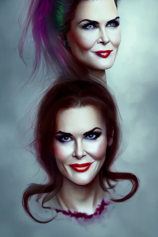 Image similar to mix of beautiful young maria shriver, mariel hemmingway, brooke shields, nicole kidman and elle macpherson as a vampire showing vampire teeth, ready to bite, thin lips, hair tied up in a pony tail, dark blonde hair, colorful, deviantart, artstation, cgsociety