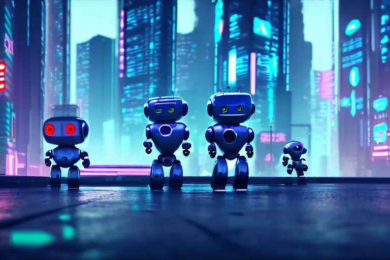 Image similar to a cute little robots in at cyberpunk city. super realistic 8 k render of a elegant, cinematic composition