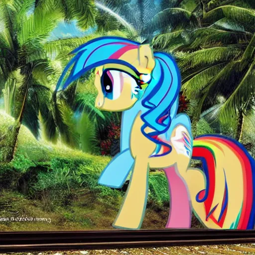 Prompt: my little pony rainbow dash as a high speed train in a lush tropical setting in hawaii hyperrealism