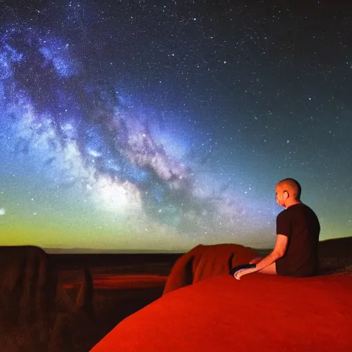 Image similar to man sitting at uluru, medicine drum, night sky, small fire, cosmic sky