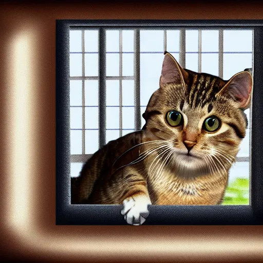 Image similar to a tabby cat looking trought the window, at a nuclear exlosion, digital art