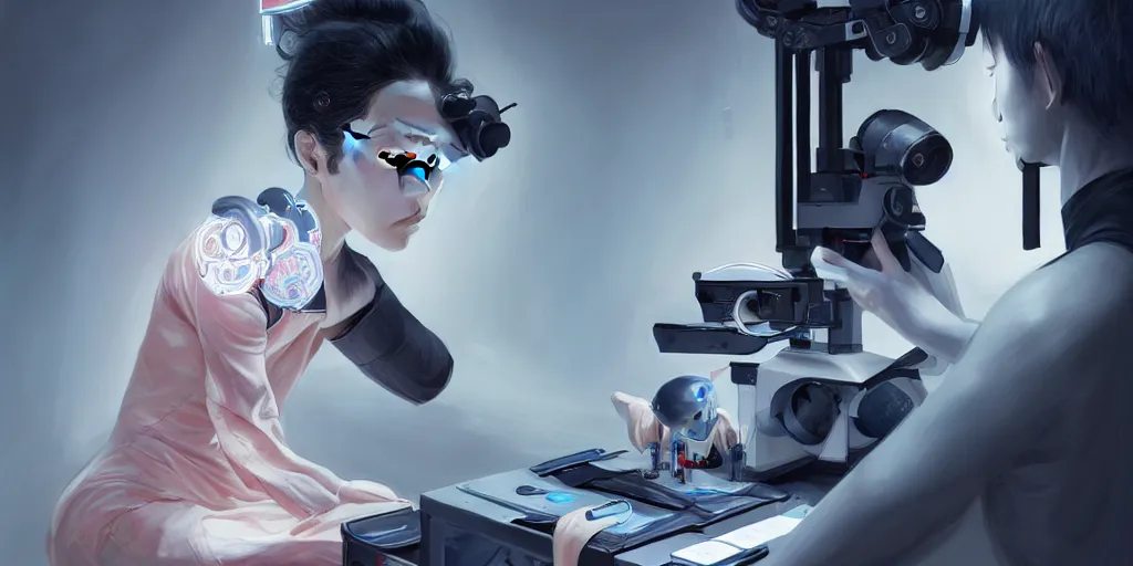 Prompt: hyperrealistic photography of a gorgeous android assisting a human eye testing machine in the style of Jin Kagetsu, James Jean and wlop, highly detailed, masterpiece, award-winning, sharp focus, intricate concept art, ambient lighting, 8k, artstation