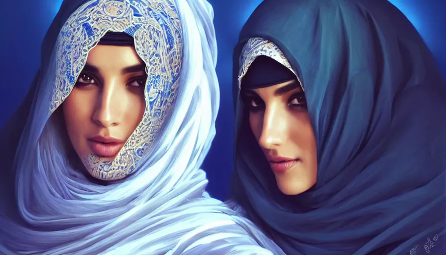 Image similar to Portrait of very very very very very very beautiful Arab woman wearing a Niqab, glowing magical eyes, energy trails, under giant full moon in the desert, intricate, elegant, highly detailed, digital painting, artstation, concept art, smooth, sharp focus, illustration, art by artgerm and greg rutkowski and alphonse mucha