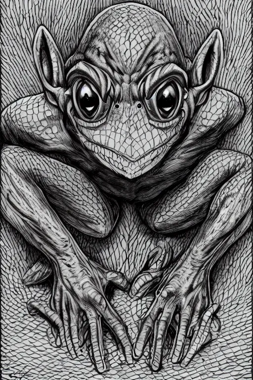 Image similar to goblin, symmetrical, toad eyes and webbed feet, highly detailed, digital art, sharp focus, trending on art station, kentaro miura manga art style