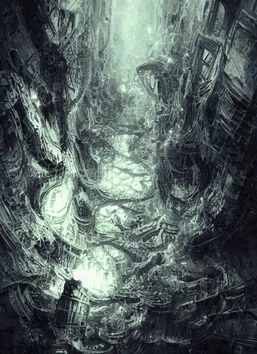 Image similar to an explosion of fractals, dark colors, sinister atmosphere, dramatic lighting, cinematic, establishing shot, extremely high detail, photo realistic, cinematic lighting, pen and ink, intricate line drawings, by Yoshitaka Amano, Ruan Jia, Kentaro Miura, Artgerm, post processed, concept art, artstation, matte painting, style by eddie mendoza, raphael lacoste, alex ross