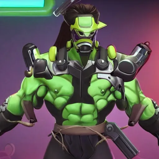 Image similar to a screenshot of arnold schwarzenegger as genji in overwatch, detailed, hyper realistic, award winning photo