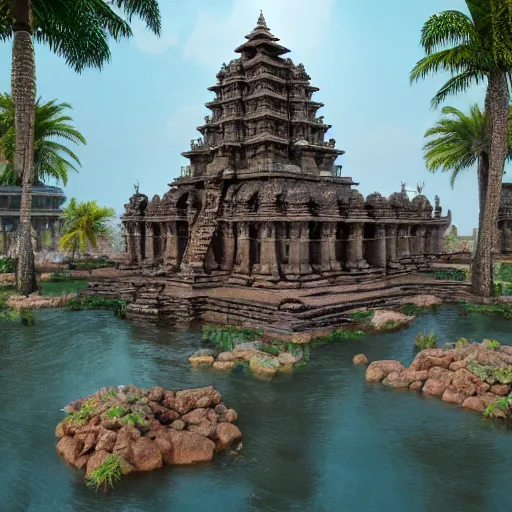 Image similar to 4 k unreal engine render of an ancient never seen before indian high detail temple. complex architecture with intricate pilars. high detailed water. flowers. overview, trending on artstation