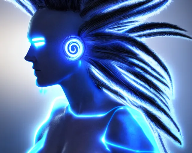 Image similar to glowing hair, complex cybernetic beings, beautiful hairy humanoids, cybermagnetosphere, cybernetic civilizations, ornate hair, love, joy, vortexes, large arrays, data holograms, 8 k, cinematic light shadows, wet hdr refractions, *, * * *, * * * * *