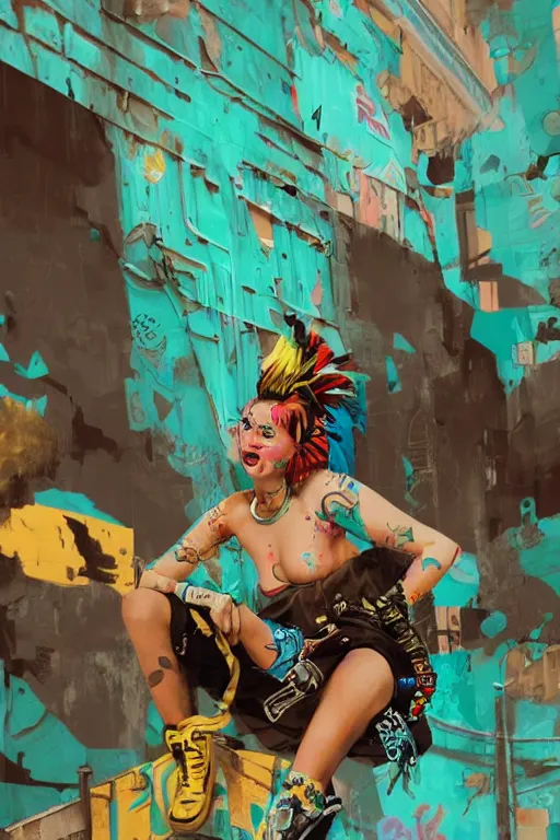 Image similar to punk girl sitting on extreme 3 d graffiti tag mural maximalism by atey ghailan, by greg rutkowski, by joe fenton, yellow, brown, black and cyan color scheme, octane render