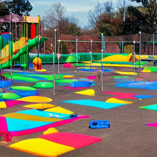 Prompt: Photograph of Kids Playground that is full of trampolines.