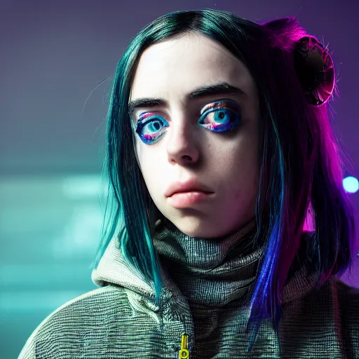 Image similar to Cyberpunk Billie Eilish, (Sony a7R IV, symmetric balance, polarizing filter, Photolab, Lightroom, 4K, Dolby Vision, Photography Award)