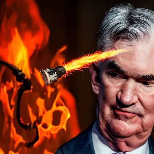 Image similar to detailed photo of Jerome Powell with whiteface clown makeup using a flamethrower projecting a long flame, highly-detailed