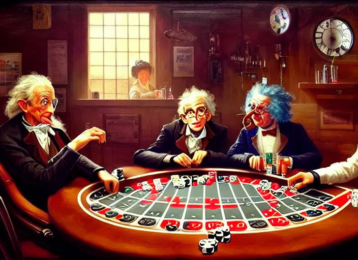 Image similar to playing poker in a saloon, Isaac Newton and Stephen Hawking and Albert Einstein, by Mandy Jurgens, trending on artstation, Richard Schmid and norman rockwell