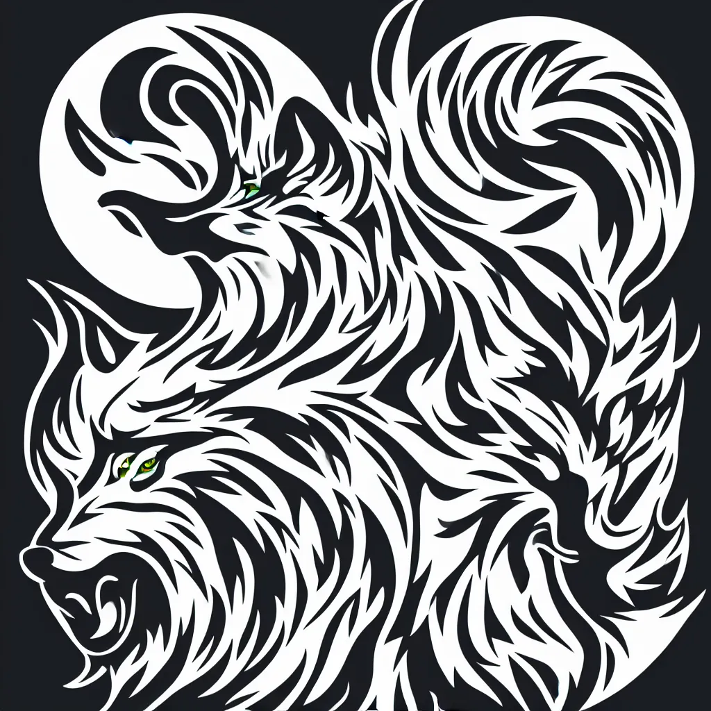 Image similar to a vector based illustration about howling wolf in the style of die cut sticker, negative space is mandatory, no gradients, black ink on white background, smooth curves, vector spline curve style