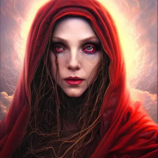 Prompt: a hyperrealistic acrylic portrait painting of the scarlet - witch by artgerm, beksinski and thomas kinkade. intricate details. believable eyes. front on, symmetrical. epic fantasy art.