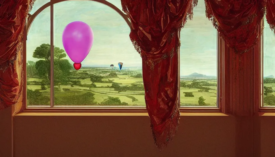 Prompt: a huge standalone hyperrealistic photorealistic hyperdetailed window reflecting a minimalist balloon, seen from the distance. art nouveau rococo baroque in the style of caravaggio and botticelli. unexpected elaborate maximalist fabric elements hd 8 x matte background in vibrant vivid natural interesting colour textures