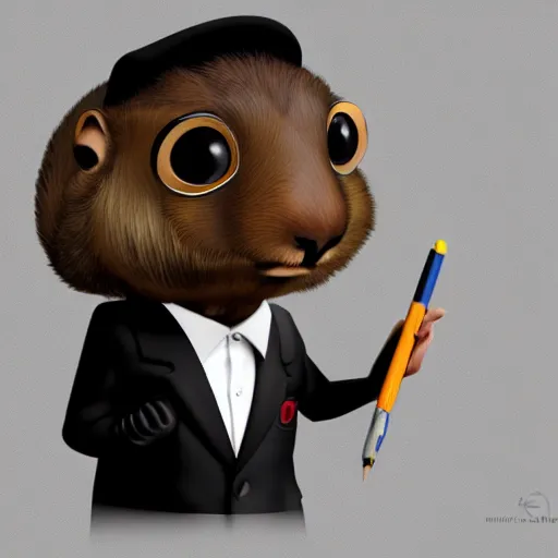 Image similar to a cute anthro brown marmot in a black business tuxedo while holding a pencil, digital art, trending on art station, character design, 3 d artistic render, octane, blender, cartoon, shadows, lighting