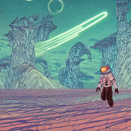 Image similar to !dream Stunningly intricate illustration of a scared astronaut explorer running trough a plain valley of planet Mars trough 3 columns of white neon light of infinite height, highly detailed, midnight, by Victo Ngai and James Gilleard , Moebius, Laurie Greasley