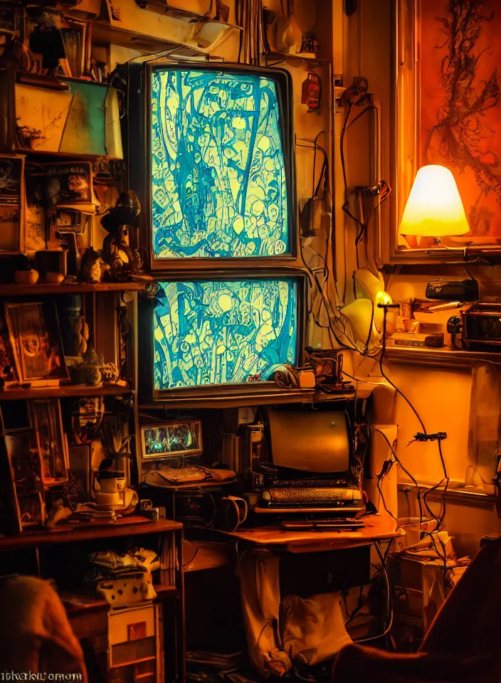 Prompt: telephoto 7 0 mm f / 2. 8 iso 2 0 0 photograph depicting the feeling of chrysalism in a cosy cluttered french sci - fi art nouveau cyberpunk apartment in a dreamstate art cinema style. ( ( computer screens ( ( ( fish tank ) ) ) ) ), ambient light.