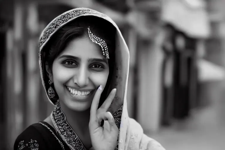 Image similar to still photo of a beautiful pakistani woman smiling at the camera on the street, black and white color aesthetic, highly detailed, photorealistic portrait, bright studio setting, studio lighting, crisp quality and light reflections, unreal engine 5 quality render