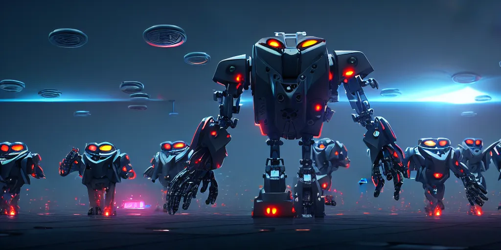 Image similar to an army of evil, malevolent, giant robot mechanical owls surrounded by computers and computer screens. this 4 k hd image is trending on artstation, featured on behance, well - rendered, extra crisp, features intricate detail and the style of unreal engine. volumetric lighting octane render