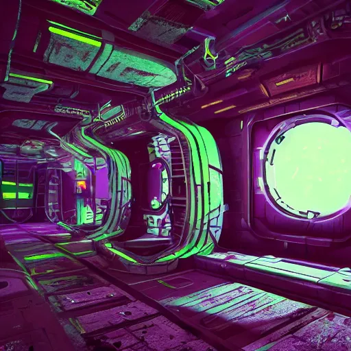 Image similar to arriving on a derelict space station, ominous, epic, wonderfully colorful, escape pod, screen, ink lines, accurate, weird, neon ink, clean, minimal, 8k, octane render