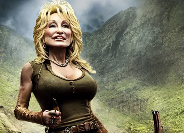 Image similar to film still of!!!! dolly parton!!! as lara croft in new tomb raider movie, 8 k