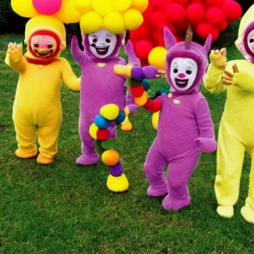 Image similar to teletubbies dressed as clowns