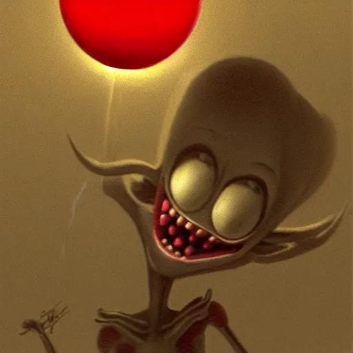 Prompt: scribble of bugs bunny with a wide smile and a red balloon by Zdzisław Beksiński, loony toons style, pennywise style, corpse bride style, creepy lighting, horror theme, detailed, elegant, intricate, conceptual,