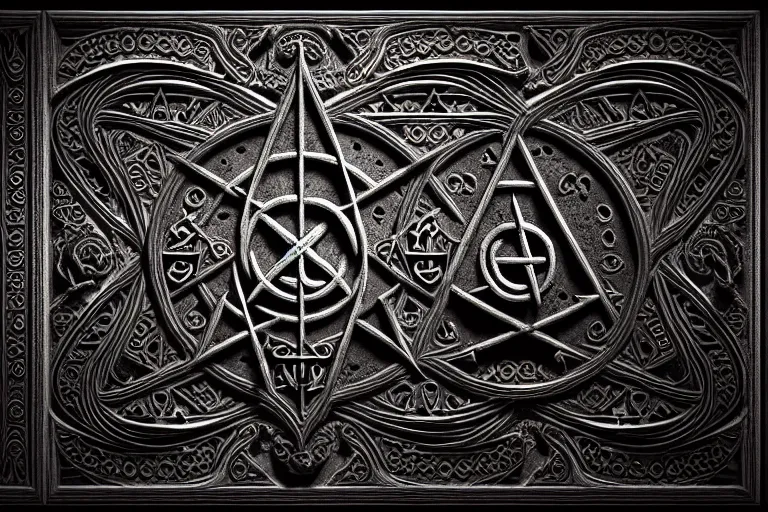 Image similar to an ancient ornate intricate old spell satanic coffin with the sigil symbol of evil emblazoned on the cover, cinematic, realistic, intricate detail, finely detailed, small details, extra detail, photorealistic, high resolution, 3 d, pbr, path tracing, volumetric lighting, octane render, arnold render, 8 k