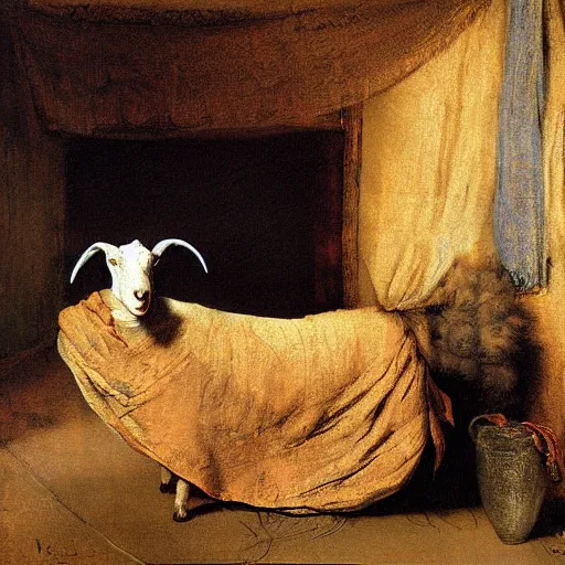 Prompt: a goat in blanket fantasy painting Rembrandt