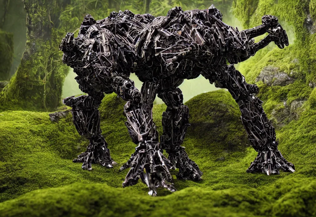 Prompt: quadruped tiger shaped mech, with black synthetic muscles, sinew, clean, simple plastic components, minimalist, product design, modern, in a colourful mossy humid jungle, weta workshop, cinematic, realistic, stylised, unreal engine, hyper realistic, octane render, fog, god rays, bloom,