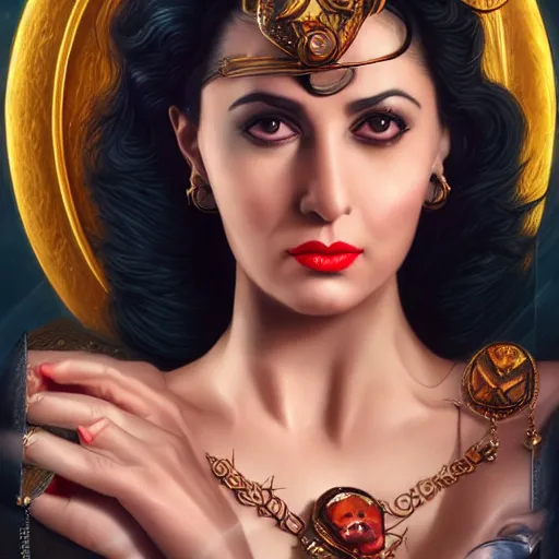 Prompt: a detailed fantasy character portrait of faten hamama as goddess of noir films by lauri blank, artgerm, evelyn de morgan, 8K, 50mm lens