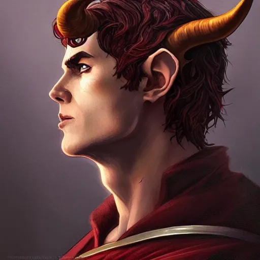 Prompt: an epic fantasy comic book style portrait painting of a male teifling rouge in dark tunic, with medium long dark hair, d & d, fantasy, intricate, elegant, highly detailed, digital painting, artstation, concept art, matte, sharp focus, illustration, art by artgerm and greg rutkowski and alphonse mucha