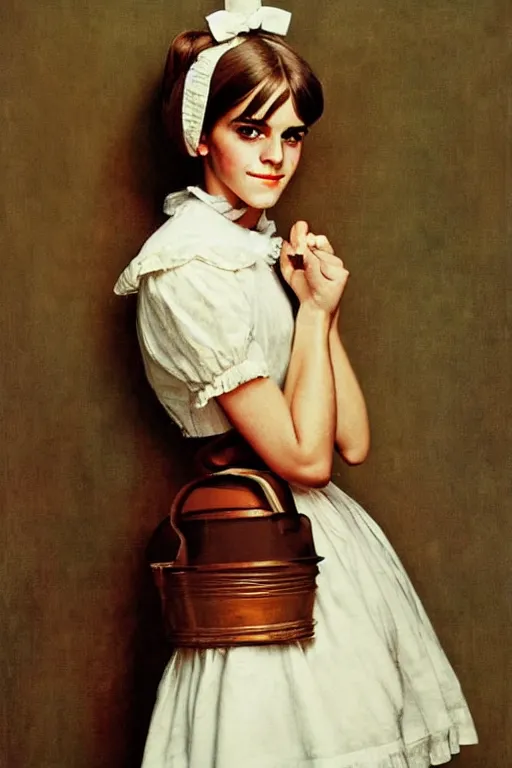 Image similar to photo photorealistic portrait photograph Emma Watson as maid 1970s portrait by Norman Rockwell