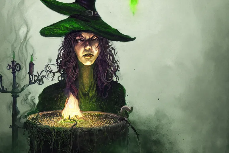 Image similar to close shot of a witch brewing in her lair, depressing, gloomy, tired, detailed, witch hat, dungeon, green smoke, fire, smoke, realism, realistic, hyper detailed, green lighting, ambient lighting, smoke, haze, bokeh, acrylic, digital painting,